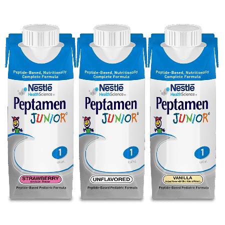 Peptamen Junior®/Peptamen® Jr. formulas in Vanilla, Strawberry and Unflavored flavors